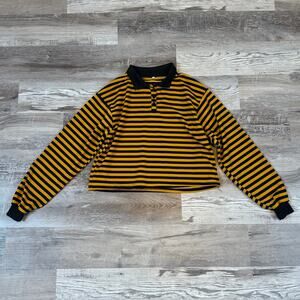 Rugby Polo Top Black Yellow Stripe Cropped Long Sleeve Y2K Skater Large